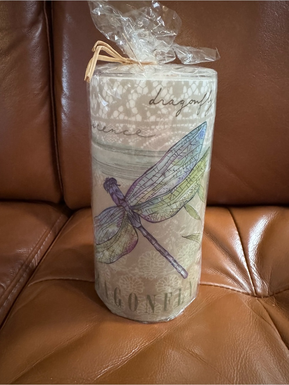 Dragonfly Decorative Pillar Candle - Neutral with Pastel Accents